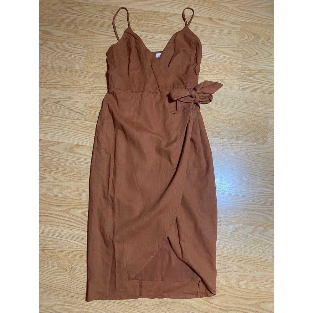 Lovers and Friends Terracotta Linen Blend Wrap Midi Dress Brown Small